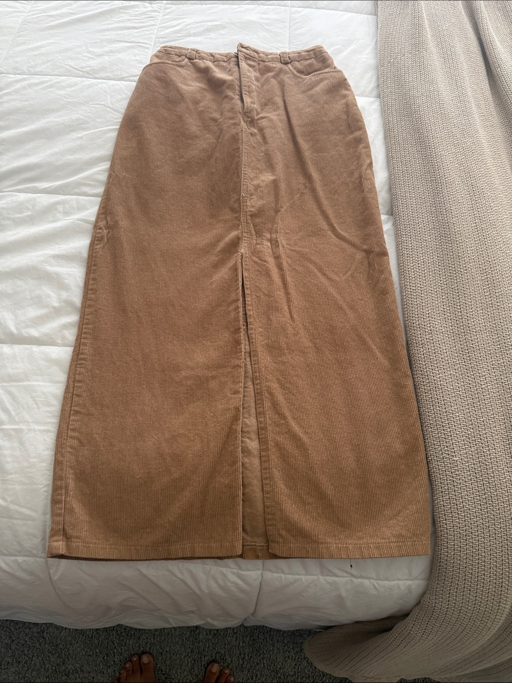 Corduroy Midi Skirt in Tan with Front Slit